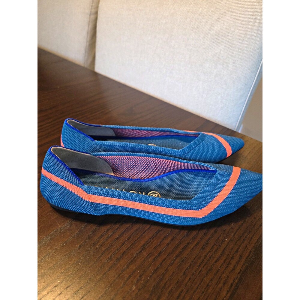 Rothys The Point Flats Womens 7.5 Teal Blue Neon Coral Stripe Knit Ballet Shoes